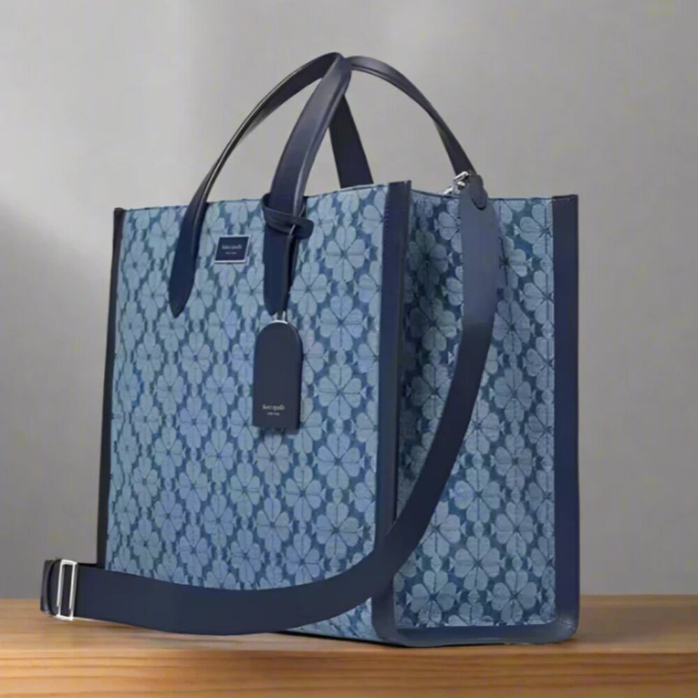 Kate Spade Jacquard Denim Large Manhattan Tote Bag Blue Flower Shoulder Strap - Picture 4 of 13
